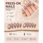 Mauve Taupe Medium‑Long Almond Press‑On Nails, Luxury False Nails With Pink Rhinestones Pearls & Silver Foil